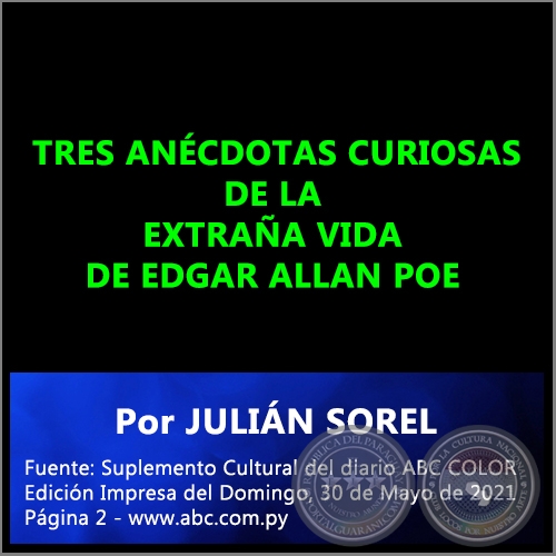  TRES ANCDOTAS CURIOSAS DE LA EXTRAA VIDA DE EDGAR ALLAN POE - Por JULIN SOREL - Domingo, 30 de Mayo de 2021